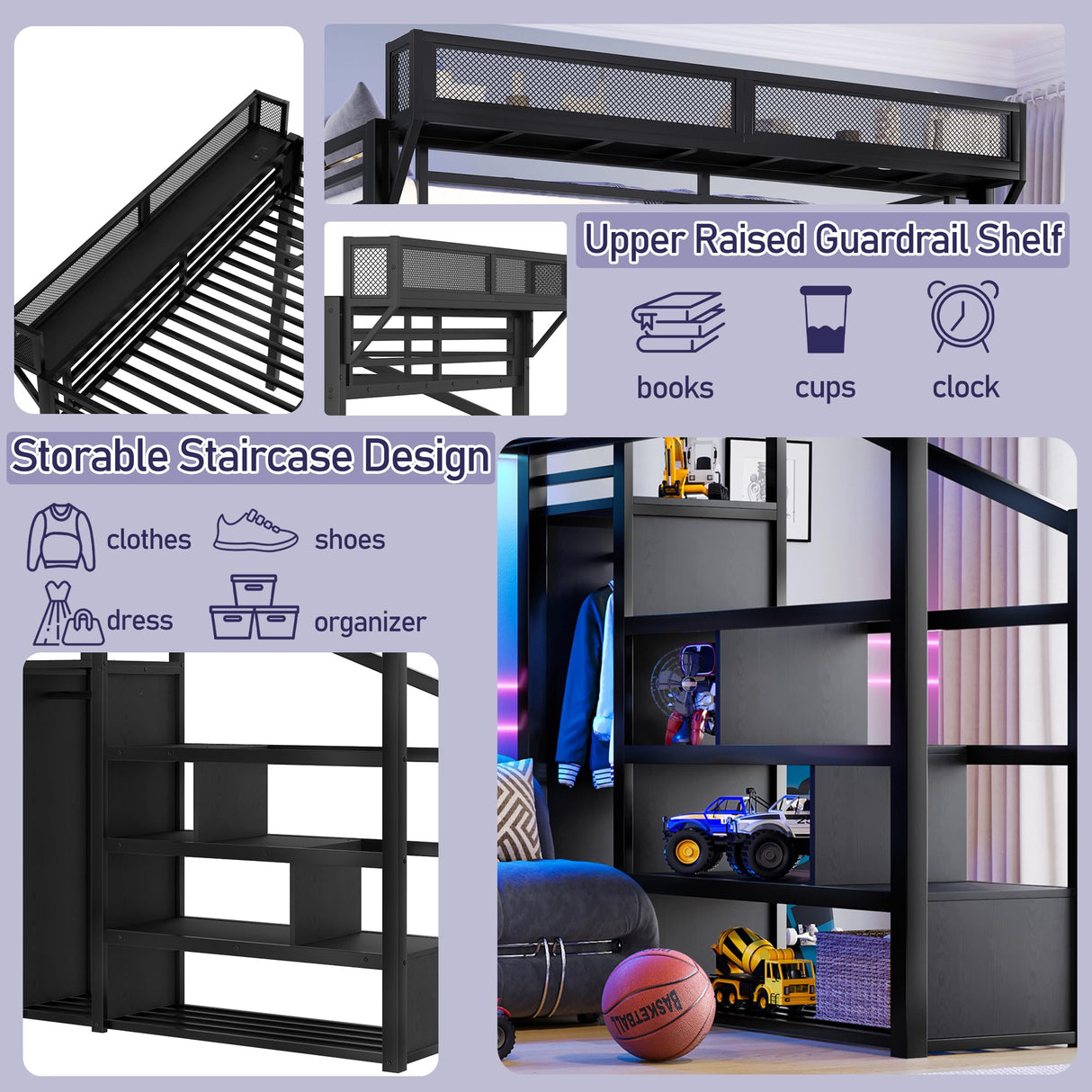 Bellemave Queen Loft Bed Frame with Storage Stairs, Beside Shelf & Wardrobe, Metal Queen Size Loft Bed with USB Ports & LED Light, Large Under-Bed Space Loft Beds for Adults, Teens, Kids, Black Bellemave
