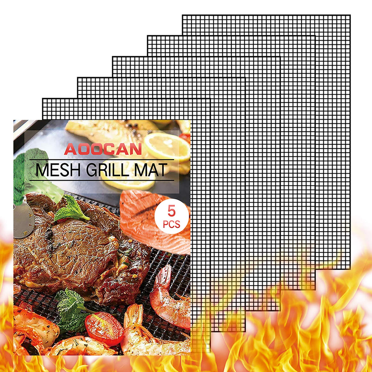AOOCAN Grill mesh mat - Set of 5 Non Stick BBQ Grill mats, Heavy Duty, Reusable Grilling mats, Easy to Clean - Works on Gas, Charcoal, Pellet Grill - 15.75 x 13 in, Black Aoocan