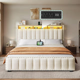 DWVO Queen Size Lift Up Storage Bed Frame with Charging Station, Velvet Upholstered Platform Bed with RGB LED Lights, Storage Headboard, Wingback Rivet Design, No Box Spring Needed, Noise-Free, Beige DWVO