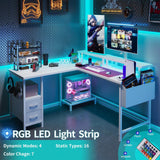 Lufeiya White L Shaped Computer Desk with Fabric Drawers, 47 Inch Corner Home Office Desk with Monitor Stand Shelves, Writing Study Gaming Desks with Led Lights and Power Outlets for Bedroom, White Lufeiya