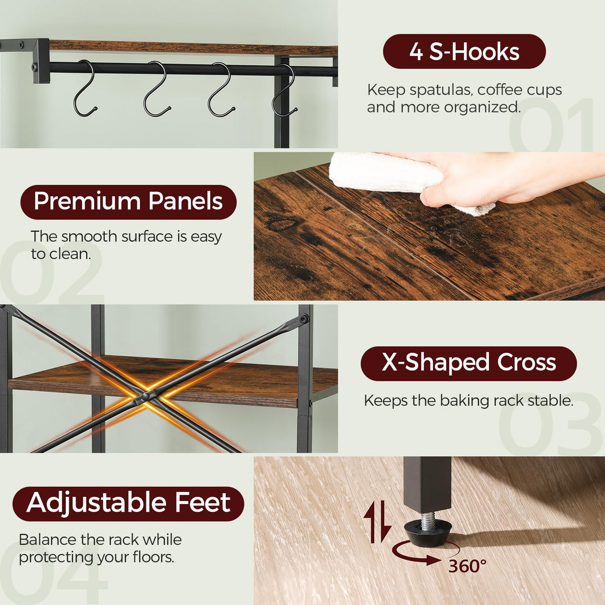 MAHANCRIS Bakers Rack with Drawer, Microwave Stand with Power Outlet, Coffee Bar Station with 4 Hooks, Kitchen Storage Shelf Rack 4 Tiers, for Kitchen, Dining Room, Rustic Brown and Black BRHR48E01 MAHANCRIS