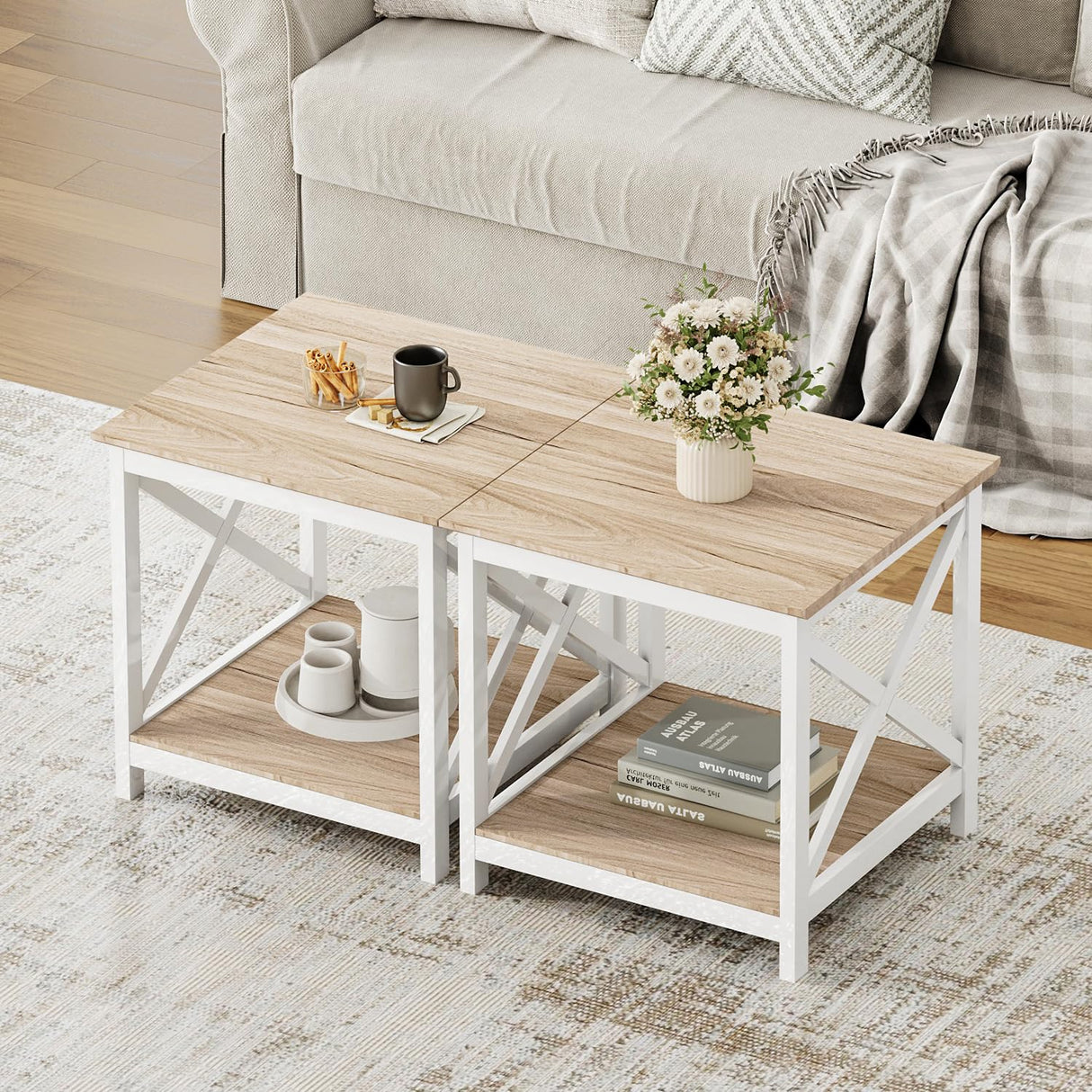 ChooChoo End Table, 24 Inch End Table with 2-Tier Storage Shelf, Side Table for Living Room, Wood Nightstand for Bedroom, Office, Oak ChooChoo