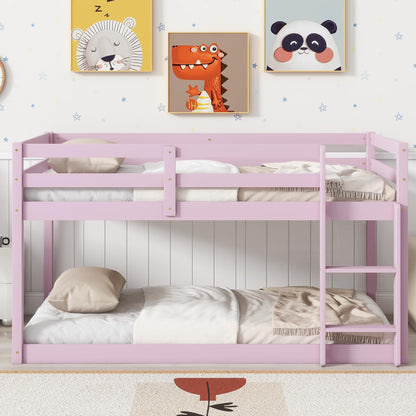 Twin Over Twin Bunk Bed with Full Guardrails and Ladder,Low Bunkbed Fram w/Safety Guard Rails for Teens Adults No Box Spring Need (Pink)