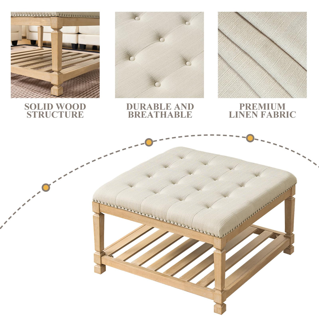 Befurtori Large Square Ottoman Coffee Table, Linen Solid Upholstered Footrest Ottoman with Solid Wood Shelf Storage Tufted Coffee Table for Bedroom Living Room-Ivory Befurtori