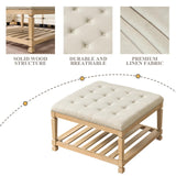 Befurtori Large Square Ottoman Coffee Table, Linen Solid Upholstered Footrest Ottoman with Solid Wood Shelf Storage Tufted Coffee Table for Bedroom Living Room-Ivory Befurtori