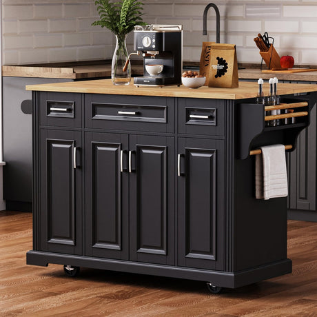 54" Large Kitchen Island with Rubber Wood Drop Leaf, Rolling Kitchen Cart with Ample Storage on 4 Wheels with 4 Doors and 3 Drawers, Moveable Island Table with Embossed Texture for Dining Room MEETFAV