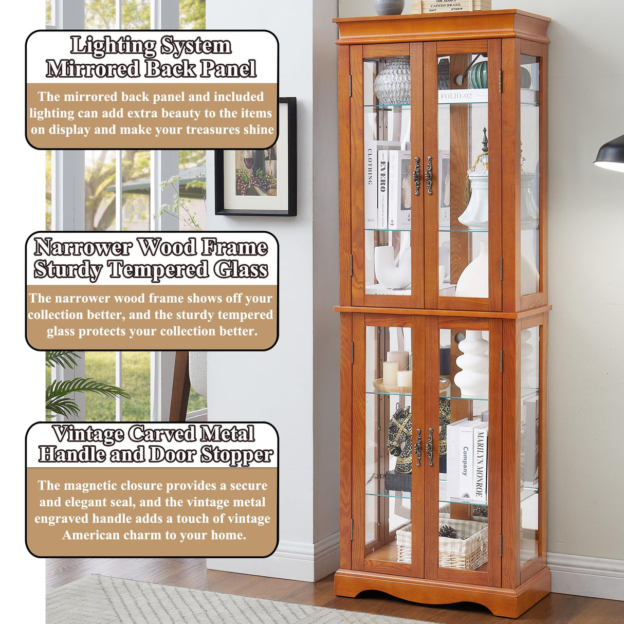 nifoti 70" H Lighted Curio Cabinet Display Case, Glass Curio Cabinets with Adjustable Shelves and Tempered Glass Door, Wooden Cabinet w/Mirrored Back Pane for Living Room (Oak) nifoti