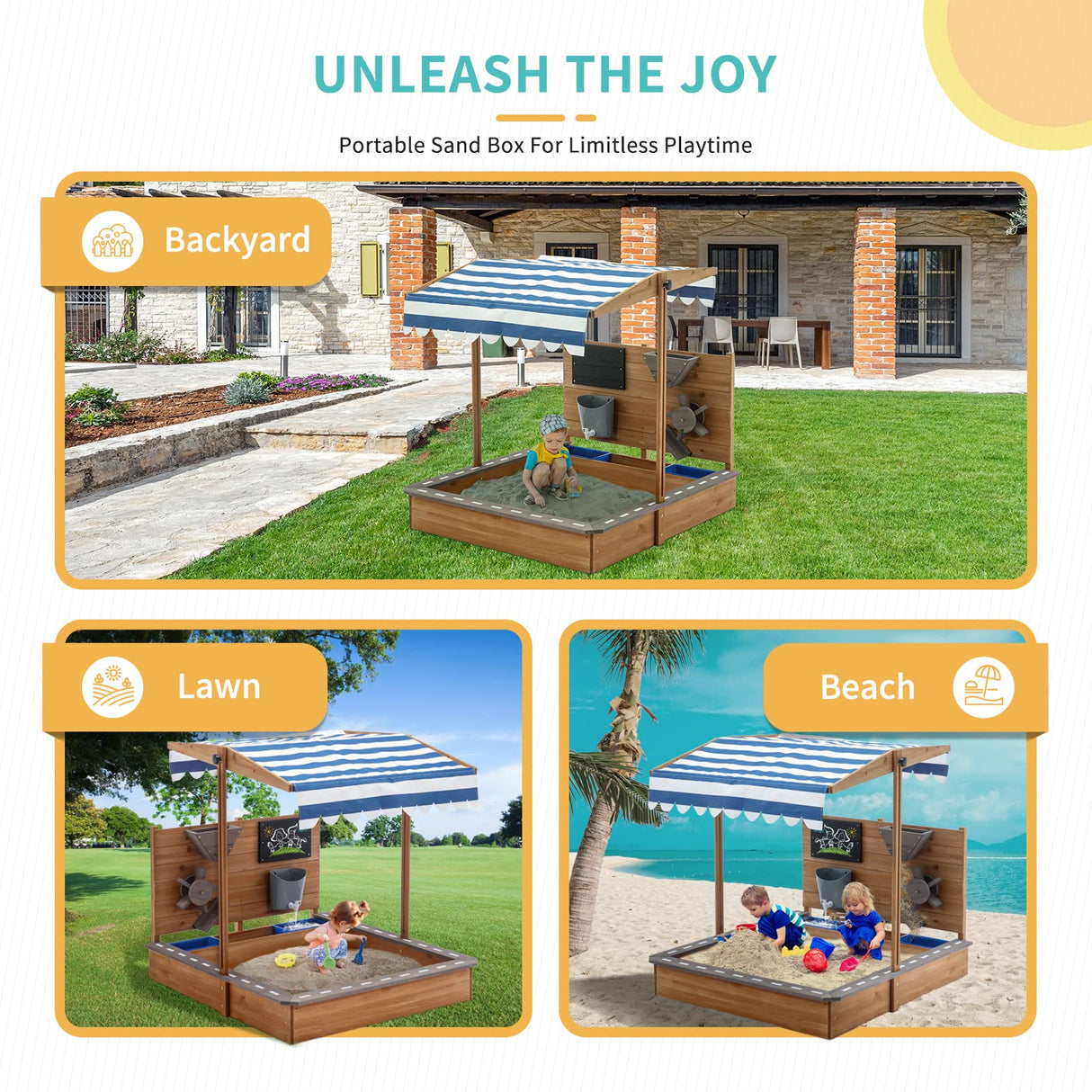 Kids Large Wooden SandBoxes with Roof, Pipleo Outdoor Sand Box Play w/Canopy for Backyard Garden Beach, Sand Pit for Beach Patio Outdoor, [Adjustable Cover & Sand Funnel & Drawing Board] - Brown Oak Pipleo