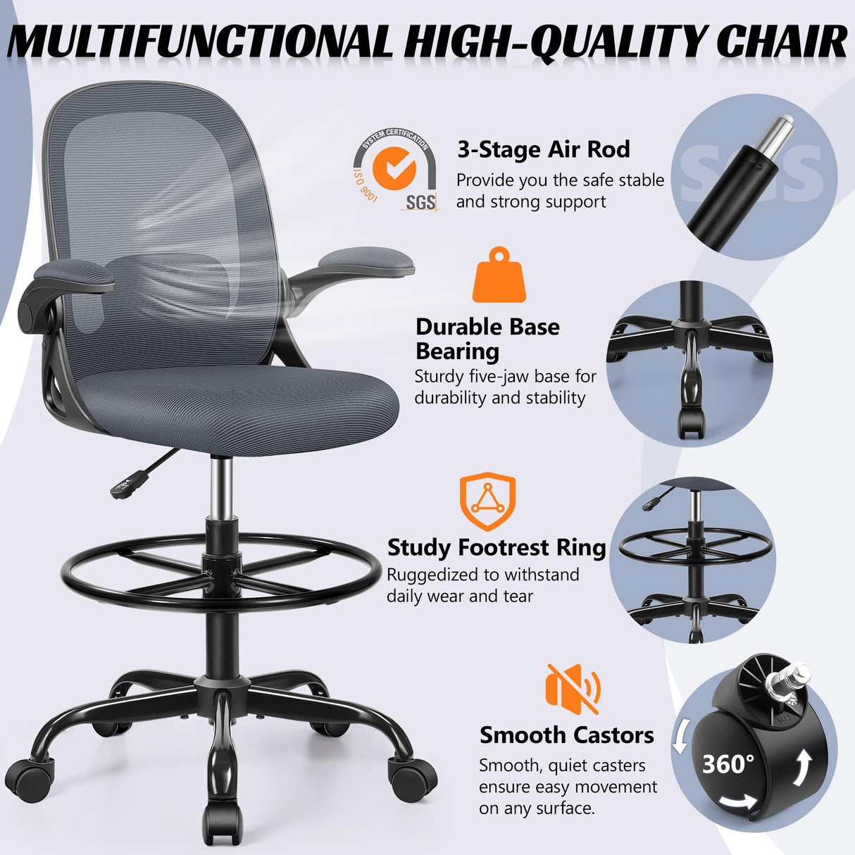 AtHope Drafting Chair, Tall Office Chair Ergonomic Standing Desk Chair,with Adjustable Footrest Ring, 3D Lumbar Support, Flip-up Armrests, Swivel Desk Stool for Drawing Working (Dark Gray) AtHope