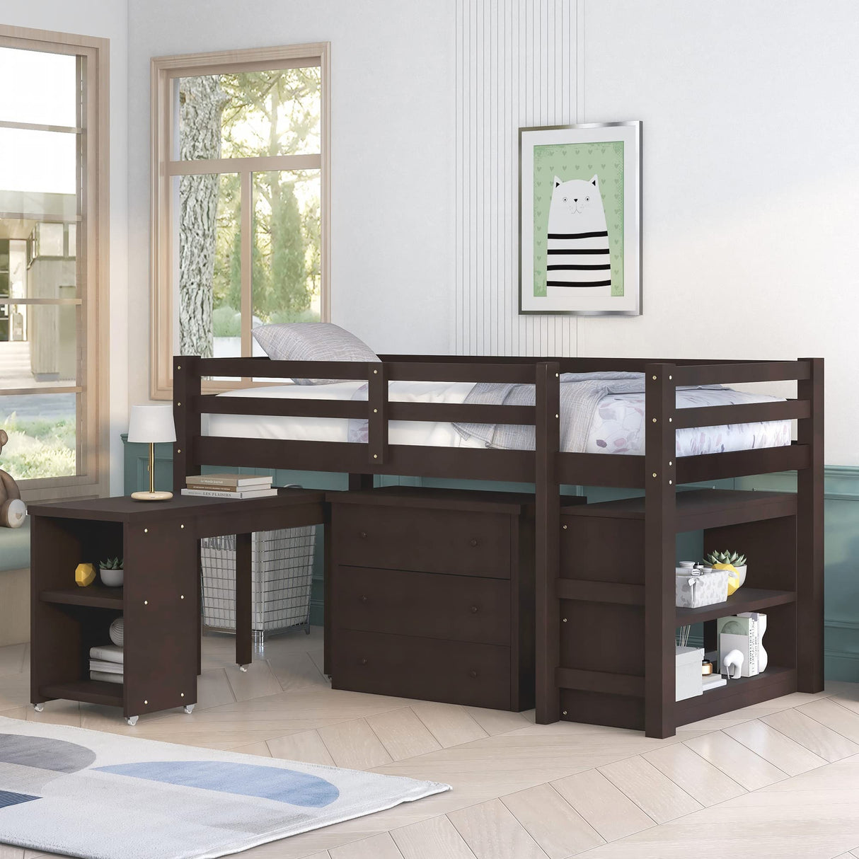 Harper & Bright Designs Kids Low Loft Bed with Rolling Desk and Storage Cabinet, Twin Size Wood Loft Bed Frame with Bookshelf (Espresso, Twin) Harper & Bright Designs