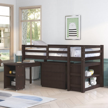 Harper & Bright Designs Kids Low Loft Bed with Rolling Desk and Storage Cabinet, Twin Size Wood Loft Bed Frame with Bookshelf (Espresso, Twin) Harper & Bright Designs