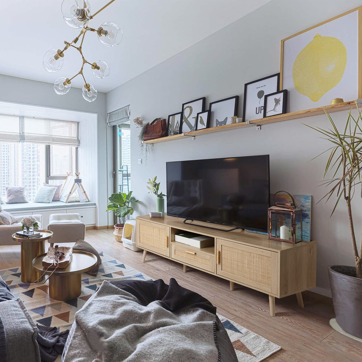 Finnhomy 59" TV Stand for up to 65 inches TV, TV console with 2 Hand Made Rattan Decorated Doors, Living Room Entertainment Center TV Table with Storage, Natural Finnhomy