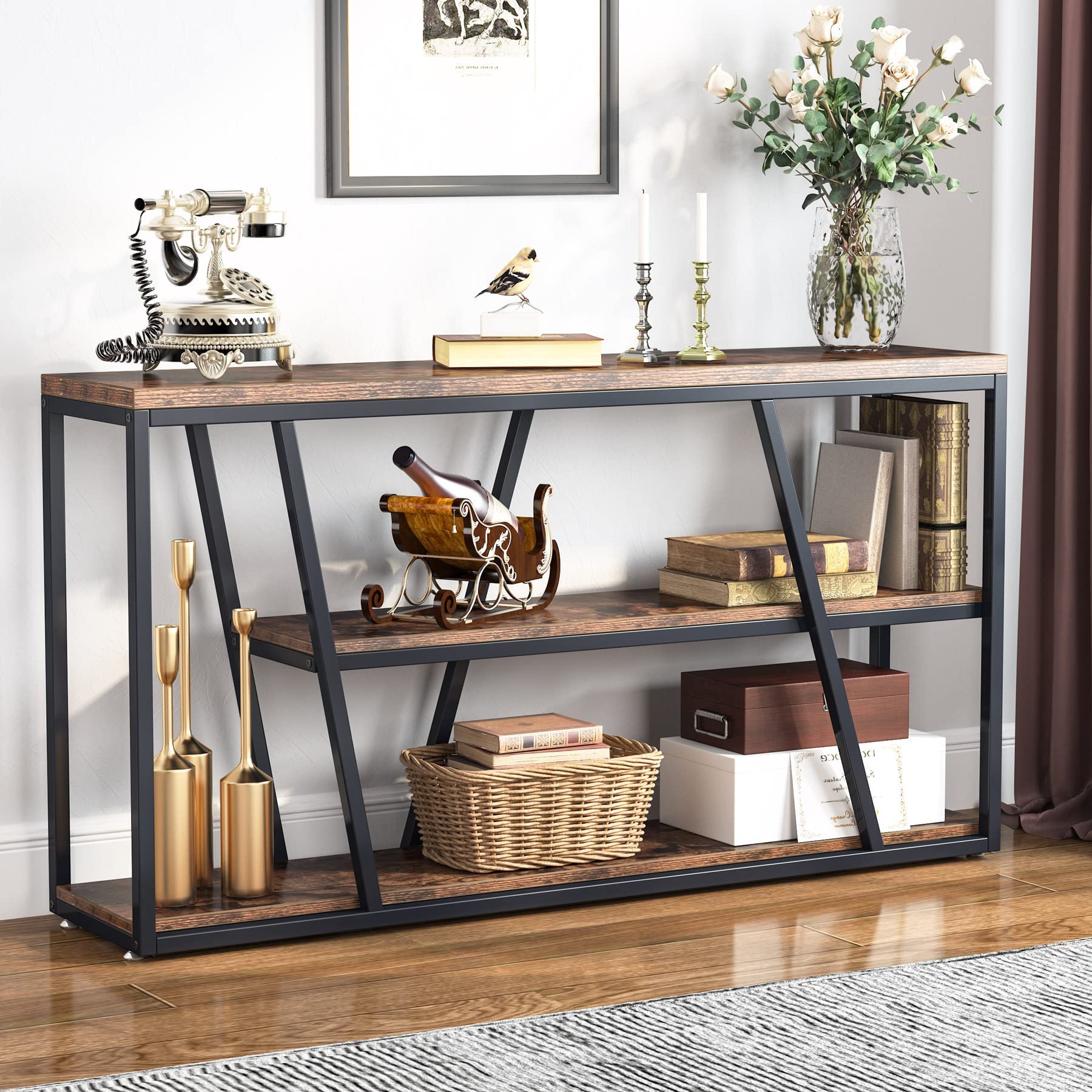 Tribesigns Console Table, Industrial Sofa Table with Shelves, 3-Tier Entryway Table with Storage for Entryway, Living Room, Hallway, 59.1" L x 11.8" W x 31.5" H, Rustic Brown - WoodArtSupply