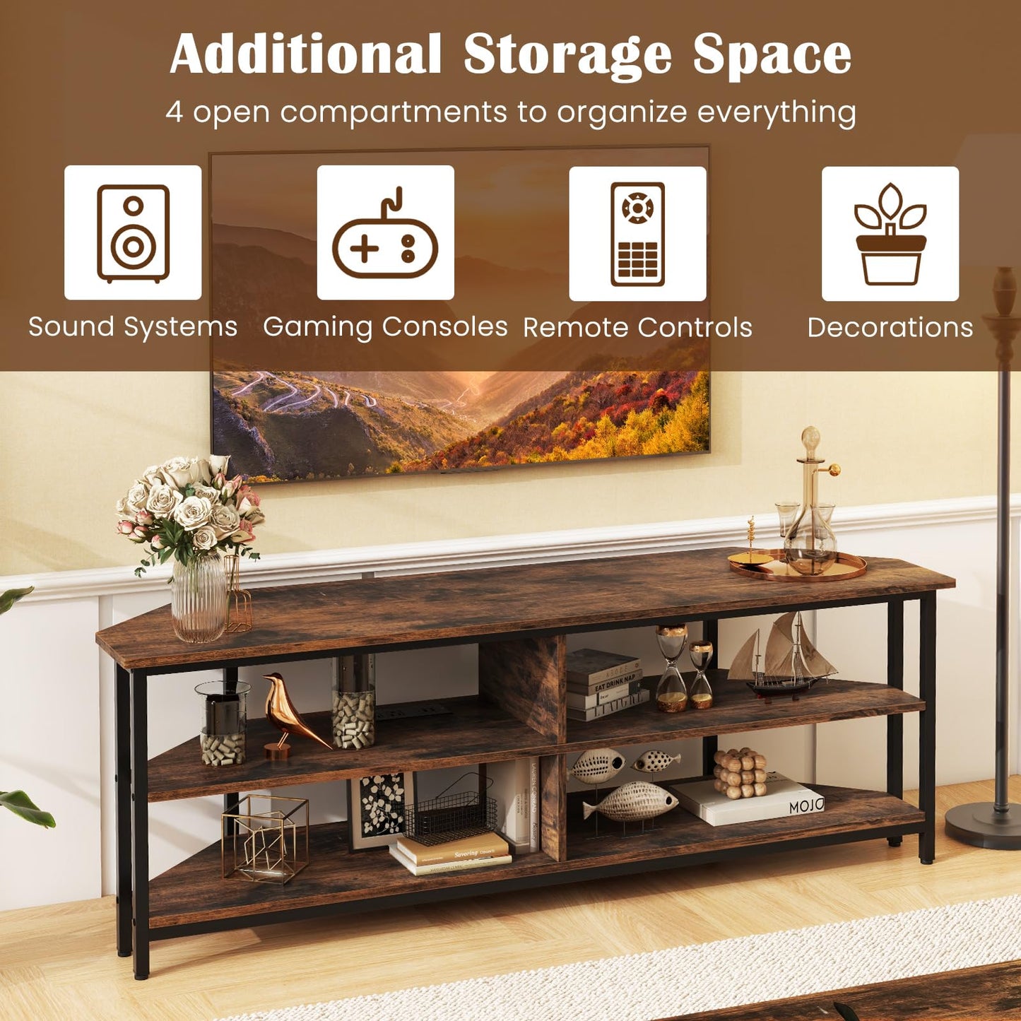 Tangkula Corner TV Stand for TVs up to 65”, TV Console Table w/AC Outlets, USB A Ports, USB C Port, Metal Frame & Storage Shelves, 55” Media Entertainment Center for Living Room (Rustic Brown - WoodArtSupply