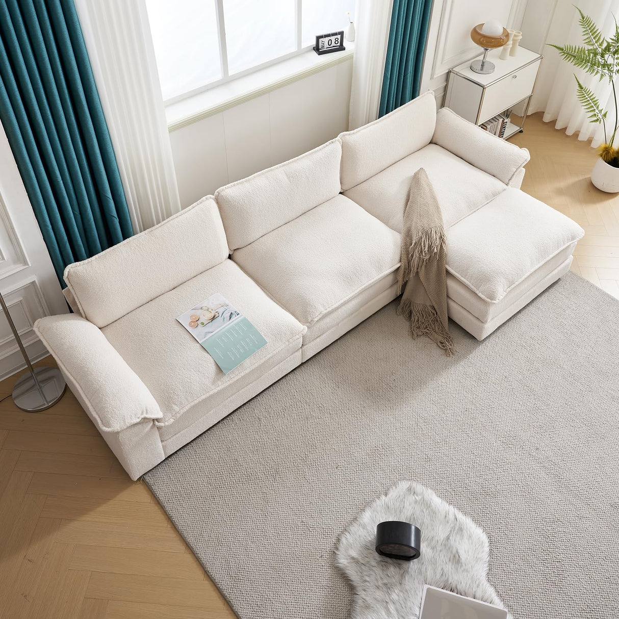 Karl home Sectional Sofa Modular Deep Seat Sofa Couch with Ottoman, Teddy Fleece Sofa Sleeper Comfy Upholstered Furniture for Living Room, Apartment, Studio, Office, (3-Seat & 1-Ottoman, White) Karl home