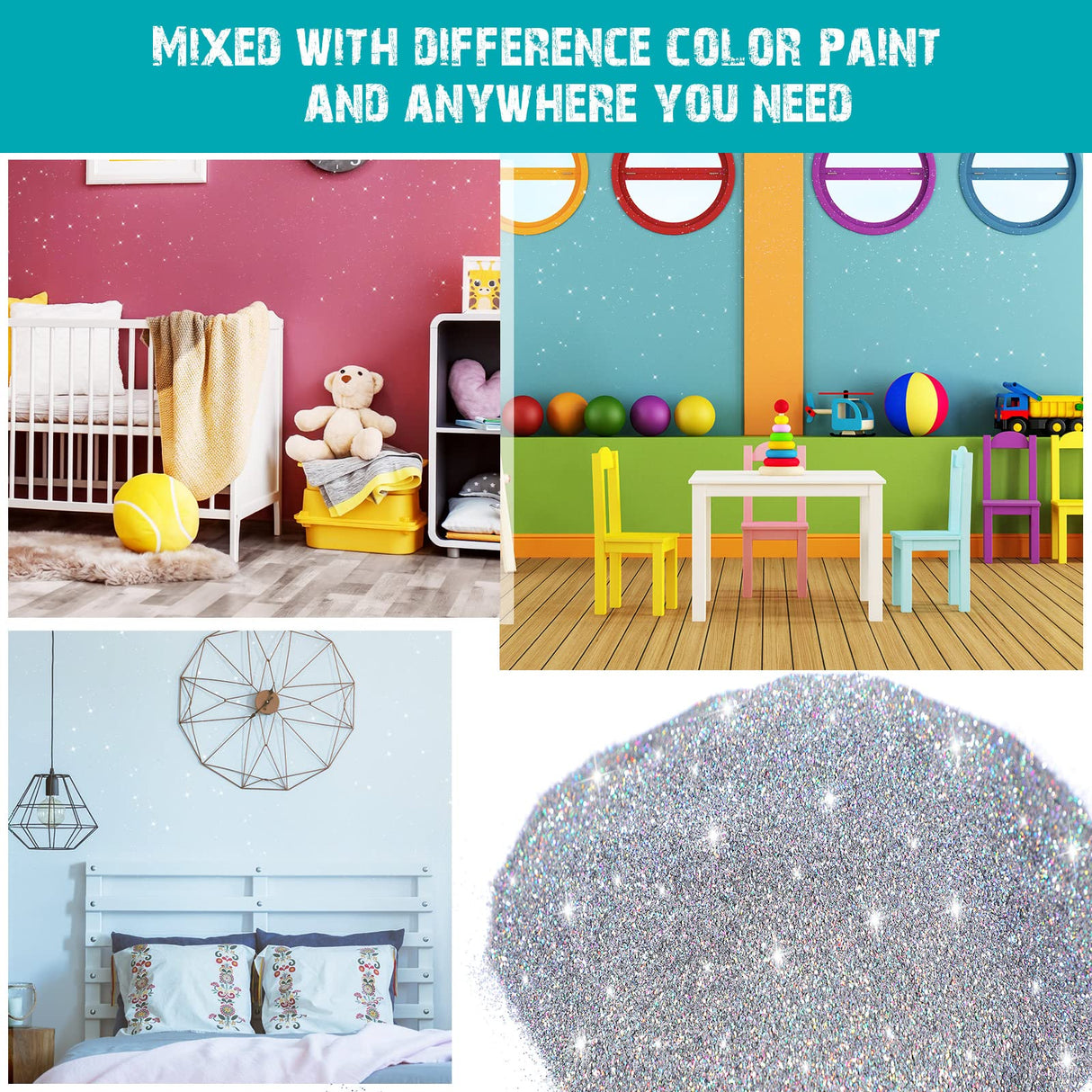 500g Glitter Paint Additive Silver Holographic Glitter Paint Additive Silver Holographic Metallic Sparkling Powder Mix with Acrylic for Interior Exterior Wall Ceiling Wood(Silver Holographic) Kigeli