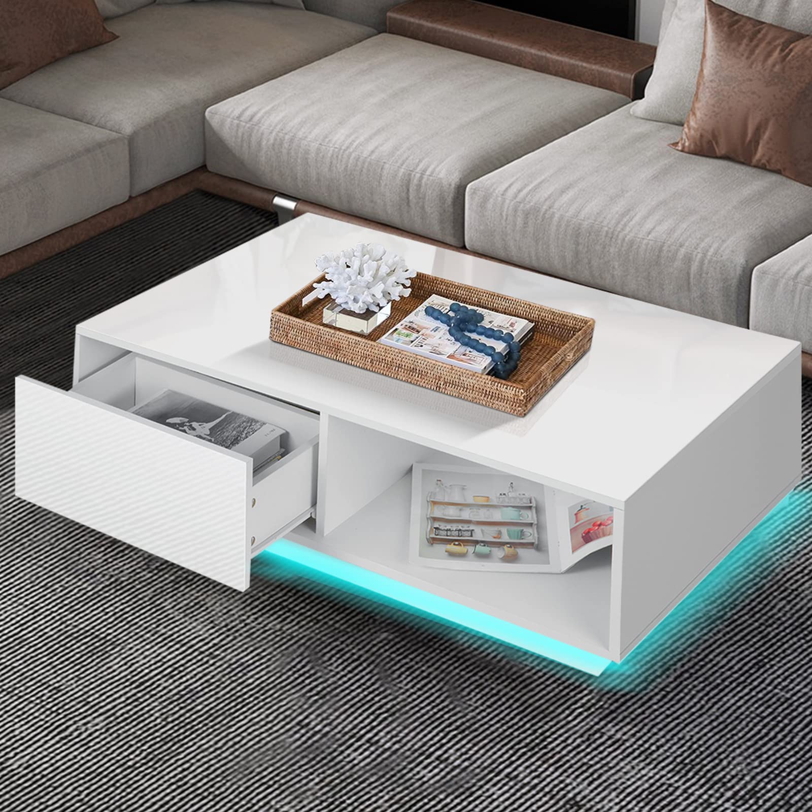 HOMMPA Led Coffee Table for Living Room White Coffee Table Modern Led Center Table with 2 Drawers Storage High Gloss Tabletop and Small Cocktail Table with Led Lights - WoodArtSupply