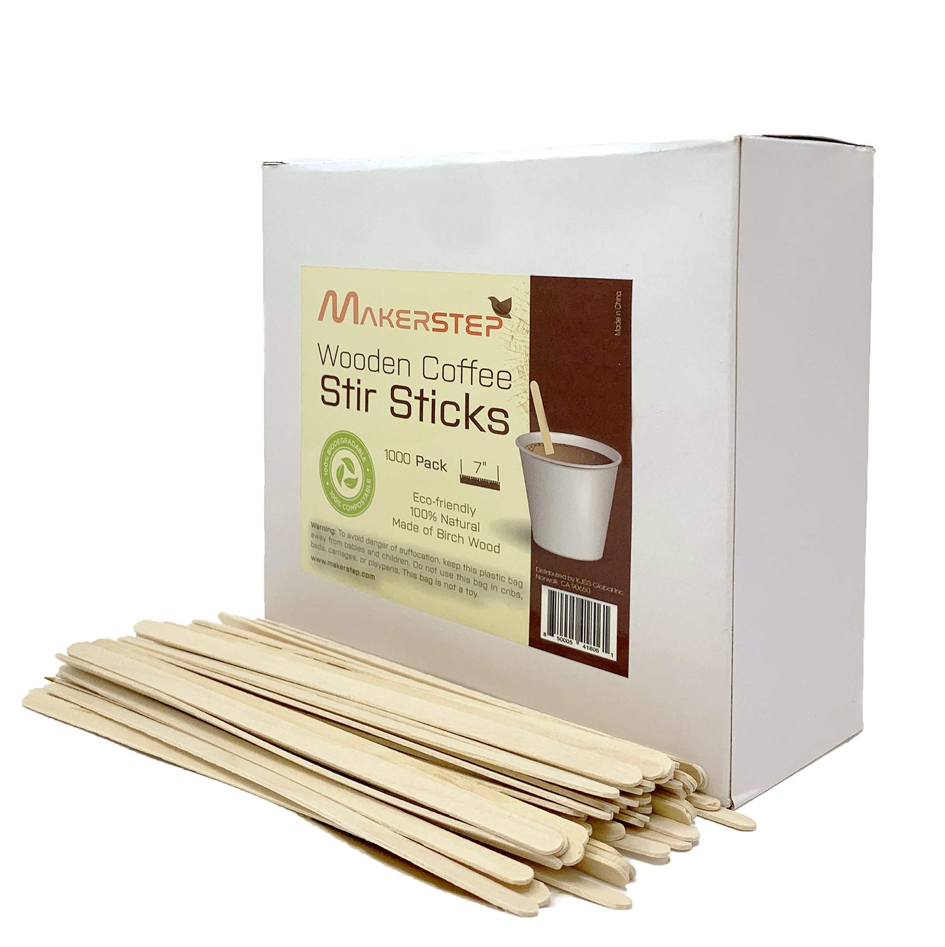 Makerstep 1000 Birch Wood Coffee Stirrers, 7 Inch Coffee Stir Sticks, Eco-friendly, Sturdy Wooden Sticks. Splinter Free, Round End. For Tea, Beverage, and Popsicle. - WoodArtSupply