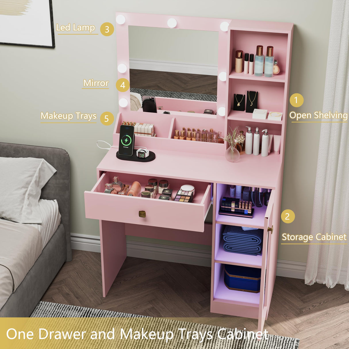 Thacuok Small Vanity Desk with Mirror and Lights,Makeup Table with Charging Station & RGB Storage Cabinet,Large Drawer & Storage Shelves,Girls Vanity,Bedroom Dressing Table,Pink Thacuok