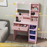 Thacuok Small Vanity Desk with Mirror and Lights,Makeup Table with Charging Station & RGB Storage Cabinet,Large Drawer & Storage Shelves,Girls Vanity,Bedroom Dressing Table,Pink Thacuok