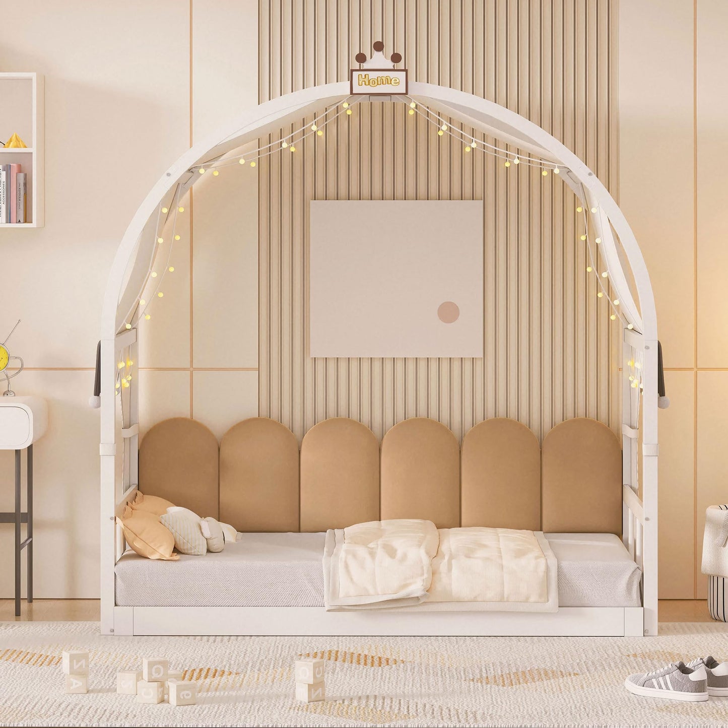 Polibi Twin Size Extended Bed with Arched Canopy, Trundle and Light Strip, Wooden Canopy Bed with Whiteboard (White)