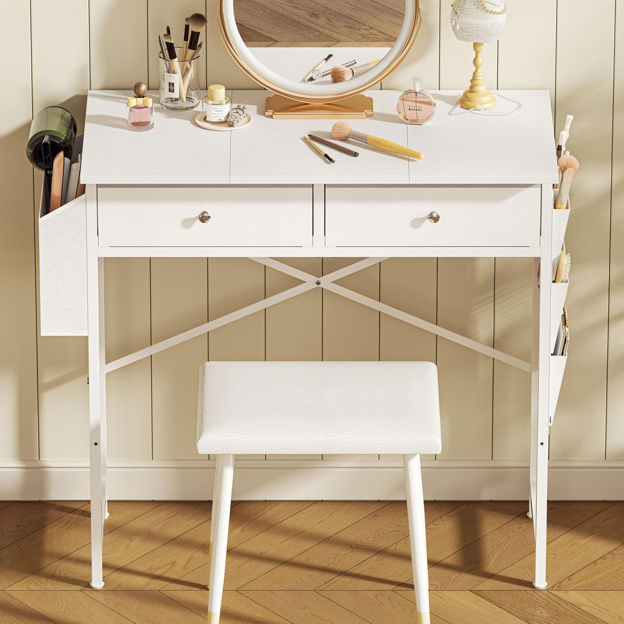 White Vanity Desk with Fabric Drawer, 32 Inch Small Makeup Vanity Desk No Mirror No Chair, Girls Dressing Table with Side Pocket, Modern Vanity Table for Cosmetics, Hair Tools in Bedroom Dressing Room Zuyachuza