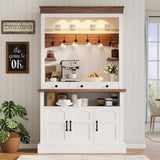 Coffee Bar Cabinet with LED Light, 72" Tall Farmhouse Coffee Bar Hutch with Storage, Sideboard Buffet Cabinet with Microwave Stand/Glass Shelf/6 Hooks/3 Drawers for Kitchen Living Dining Room, White GarveeHome