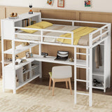 Full Size Loft Bed with Wardrobe and Storage Cubes, Heavy Duty Loft Bed with Desk, Storage Shelf and Guardrail, White Bellemave