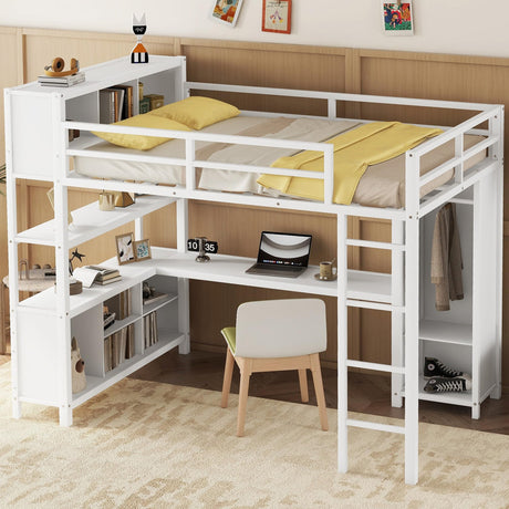 Full Size Loft Bed with Wardrobe and Storage Cubes, Heavy Duty Loft Bed with Desk, Storage Shelf and Guardrail, White Bellemave