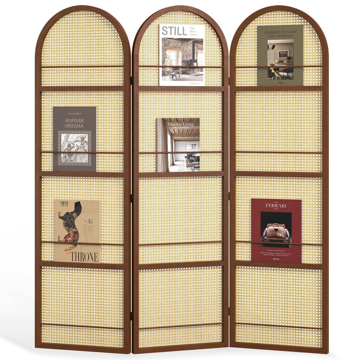 Rattan Room Divider with Bookshelf,Privacy Screen for Home Office & Bedroom,Portable Partition, Wooden Frame Svimi