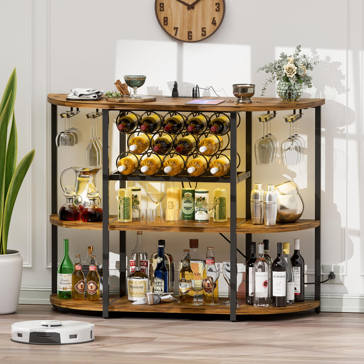 Furmax Wine Bar Cabinet for Liquor Bar Table Bar Cabinet with Lights and Outlet 4-Tier Storage Freestanding Wine Racks with Glass Holder Mini Bars for Home, Bar Furmax
