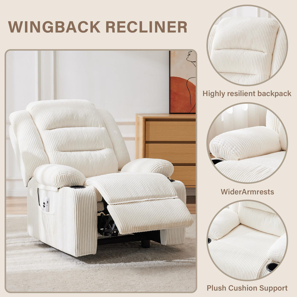 Hicosit Power Recliner Chair,Electric Reclining Chair for Adults,Adjustable Home Theater Seating Lounge,Recliners for Living Room,Bedroom with Charging Ports,Stripe White Hicosit