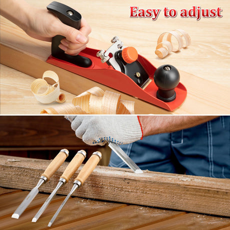 Dreyoo 1Pack No. 4 Adjustable Wooden Hand Plane with 2 Inch Blade & 4PCs 9.5in Wood Chisel for Woodworking with Cap, CR V Steel Beveled Edge Blade Chisel, Professional Carpenter Tools for Woodworking Dreyoo