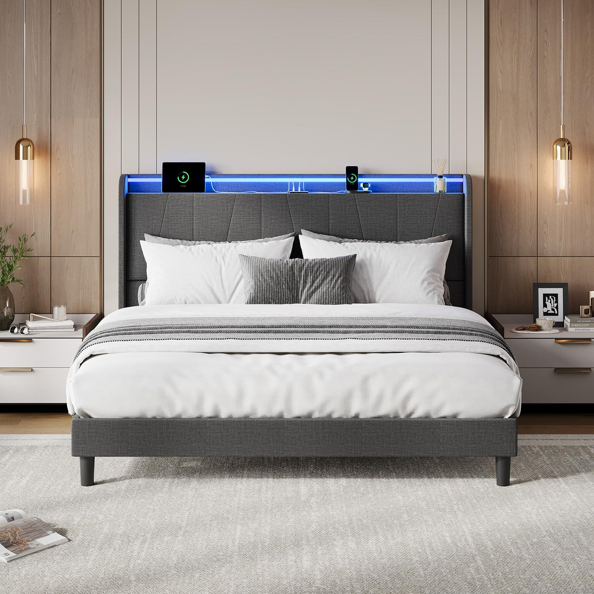 SLEKVERSA Queen Size Bed Frame with LED Lights and Charging Station, Fabric Upholstered Platform Queen Bed Frame with Headboard, No Box Spring Needed Bedframe, Noise Free, Easy Assembly, Gray SLEKVERSA