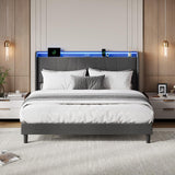 SLEKVERSA Queen Size Bed Frame with LED Lights and Charging Station, Fabric Upholstered Platform Queen Bed Frame with Headboard, No Box Spring Needed Bedframe, Noise Free, Easy Assembly, Gray SLEKVERSA