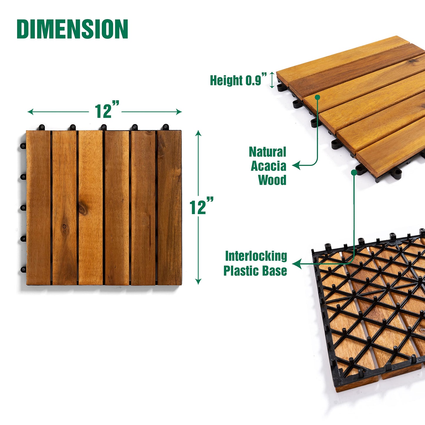 YAMAZING 12”x12” Solid Wood Interlocking Flooring Tiles (Pack of 9), Acacia Hardwood Deck Tiles, Floor Tile for Both Indoor & Outdoor Use, Patio Garden, Waterproof All Weather, 6 Slat (9 Sq F - WoodArtSupply