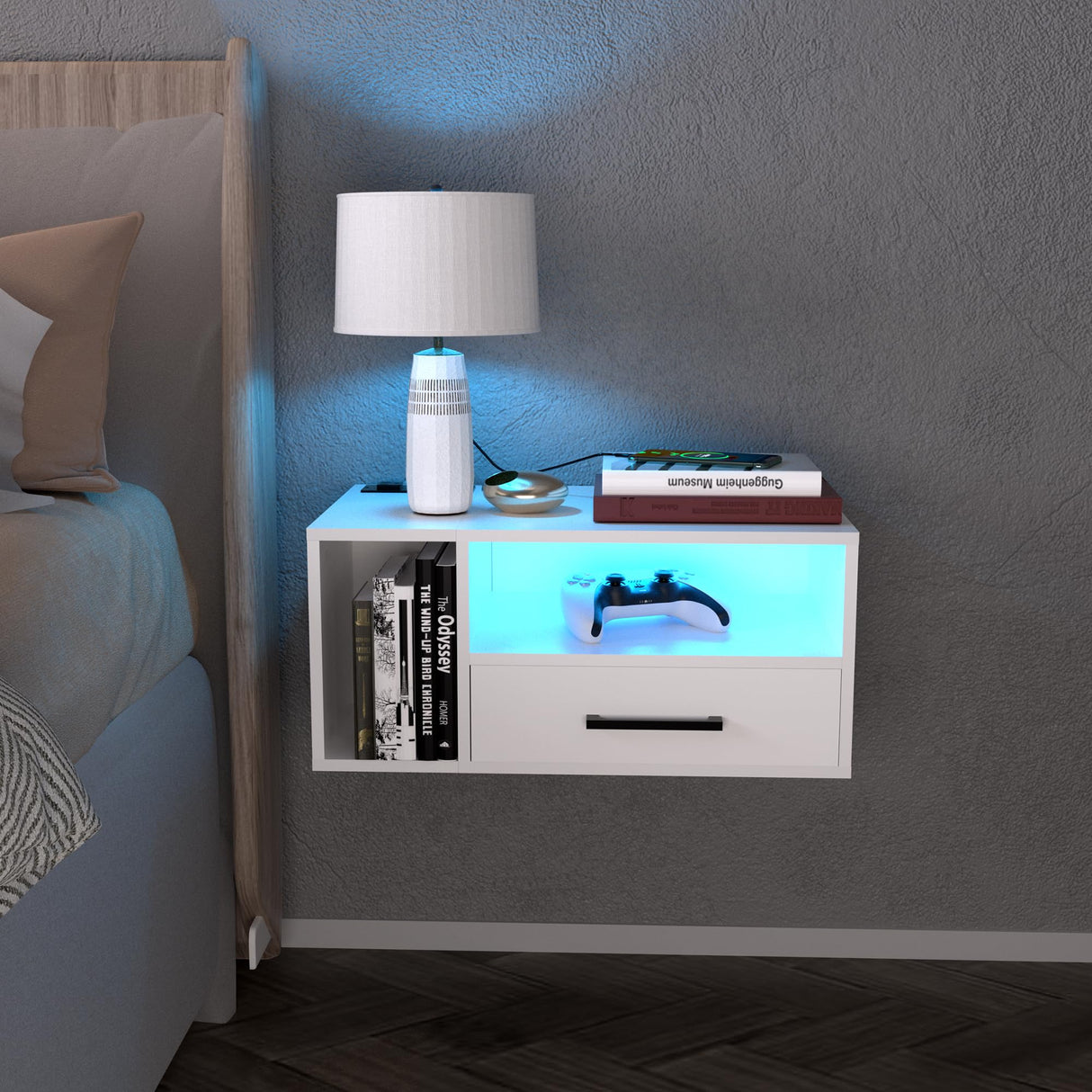 Homaterial Floating Nightstand with Charging Station and LED Lights, Floating Bedside Table with Drawers Wall Mounted Nightstands,for Bedroom Room, 21.3" x 11.8" x 10",White Homaterial