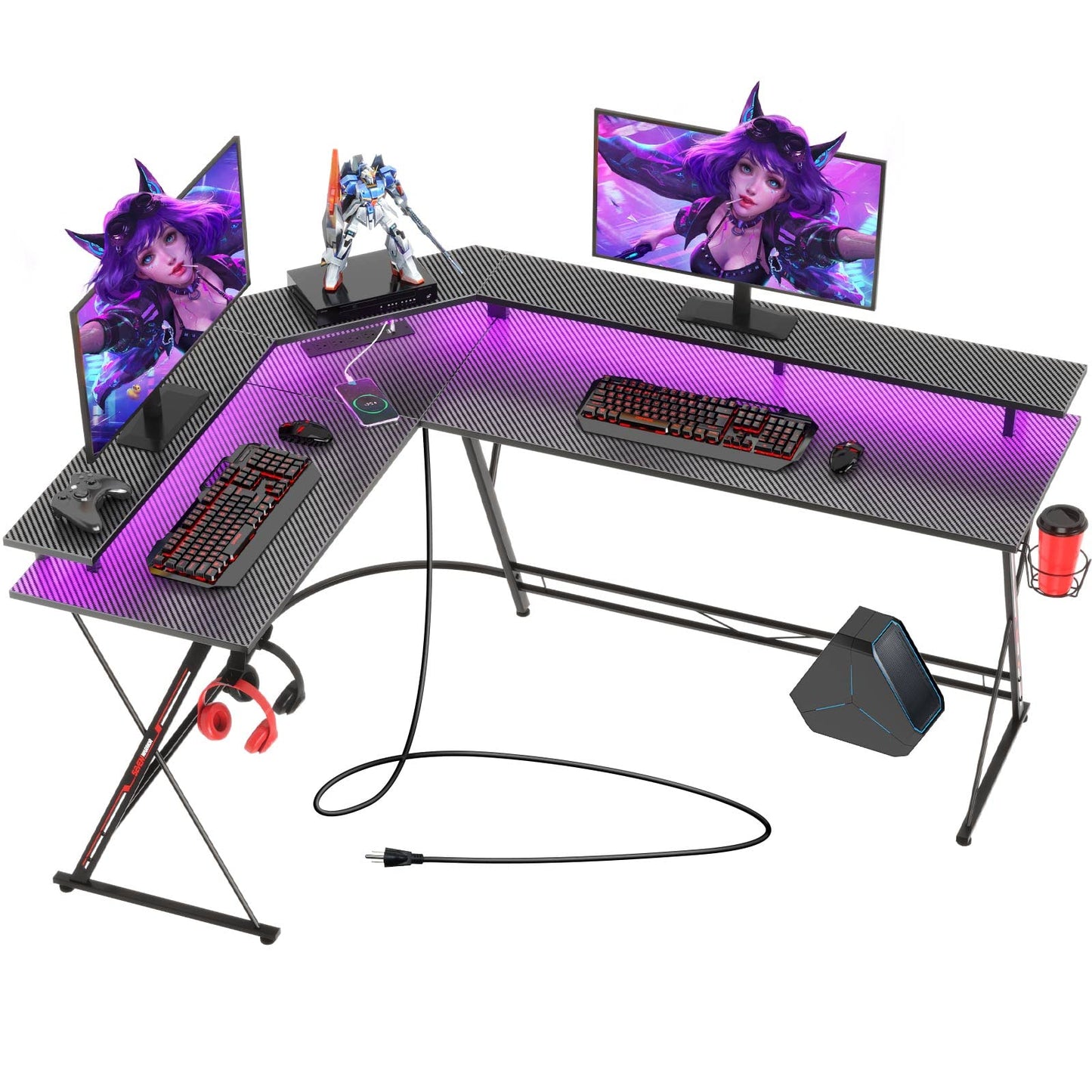 SEVEN WARRIOR L Shaped Gaming Desk with LED Lights & Power Outlets, 58” Computer Desk with Monitor Stand & Carbon Fiber Surface, Corner Desk with Cup Holder, Gaming Table with Hooks, Black - WoodArtSupply