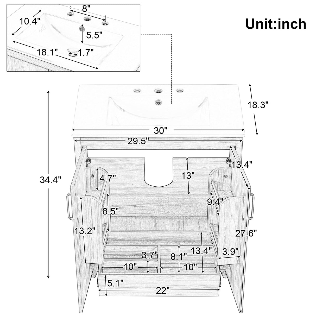 LUMISOL 30" Bathroom Vanity with Sink Combo, Wood Bathroom Storage Cabinet with 1 Drawer and 2 Doors, Multifunctional Racks, Solid Wood Bathroom Vanity with Ceramic Sink, Natural LUMISOL