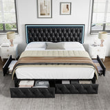 Keyluv Queen Upholstered LED Bed Frame with 4 Storage Drawers and Adjustable Tufted Headboard, Black Keyluv