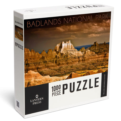 Lantern Press Made in USA Puzzle for Adults - 1000 Pieces, Reference Poster, Premium Box, Badlands National Park, South Dakota, Stormy Sky Lantern Press