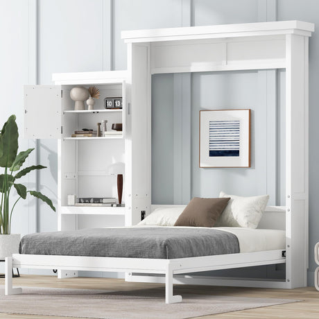 Ball & Cast Murphy Bed Queen Size,Hideaway Bed with Multiple Storage Shelves and Louvered Style Decoration,Space-Saving Wall Storage Bedframe w/c,Hardware Chain,for Apartment,White Ball & Cast