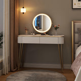 KDCAS Modern Vanity Desk with Mirror and Lights, 39" White and Gold Makeup Vanity Table with 2 Storage Drawers, Stylish Gold Dressing Table for Small Spaces & Bedroom KDCAS