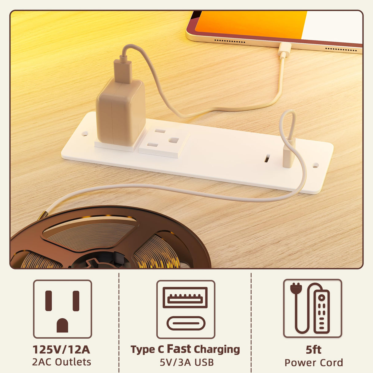TIQLAB 63'' L-Shaped Standing Desk with LED Light Strip and Power Outlet, Height Adjustable Corner Table with Ergonomic Monitor Stand, Light Walnut TIQLAB