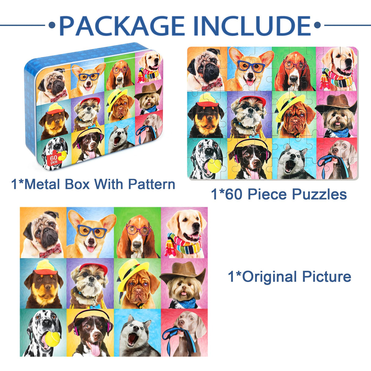 LELEMON Puzzles for Kids Ages 4-6,Dog 60 Piece Puzzles for Kids Ages 4-8,Children Jigsaw Puzzles Kids Puzzles in a Metal Box,Educational Learning Puzzle Toys for Girls and Boys LELEMON