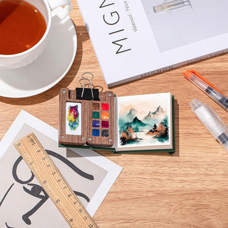 MUZMDNI Mini Watercolor Paint Set Portable, Travel Grid Paint Palette Box with Binder Clips Include 12 Colors Paint, Brush*3 and Picture Album Art Materials Coloring Markers (Brown Wood, S-8 Grids) MUZMDNI