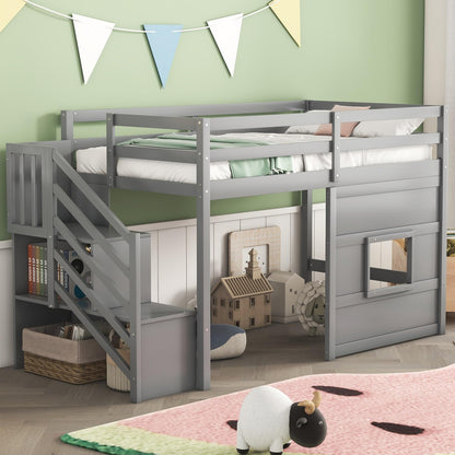 Harper & Bright Designs Grey Twin Size Low Loft Bed with Stairs and Playhouse Window - WoodArtSupply