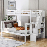Merax Twin Over Full Bunk Bed, Wood Bunk Bed with Storage Stair, Bunk Bed with Guardrail for Kids or Teens, Space Saving, No Box Spring Needed, White Merax