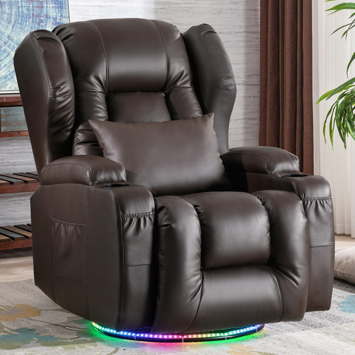 DRMBOOK Power Swivel Rocker Recliner Chairs, Electric Wall Hugger Reclining Sofa with Massage & Heat for Adults, Comfy Theater Seating Single Chair with LED Light/USB/Type-C Ports (Leather Brown) DRMBOOK