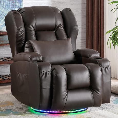 DRMBOOK Power Swivel Rocker Recliner Chairs for Adults, Electric Wall Hugger Reclining Sofa with Massage & Heat, Oversized Theater Seating Single Chair with LED Light/USB/Type-C Ports(Leather Brown) DRMBOOK